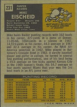 1971 Topps #231 Mike Eischeid RC back image