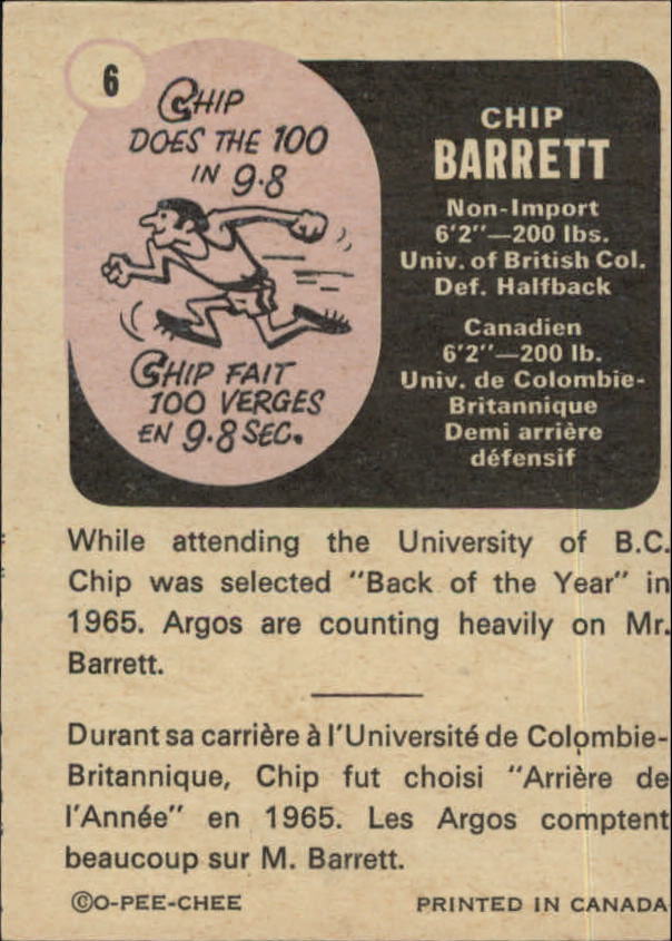 1971 O-Pee-Chee CFL #6 Chip Barrett back image
