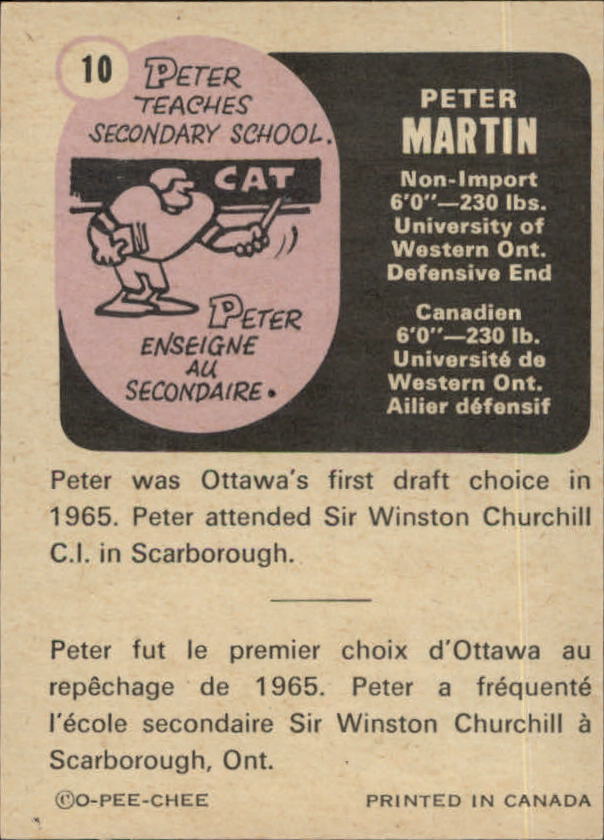 1971 O-Pee-Chee CFL #10 Pete Martin back image