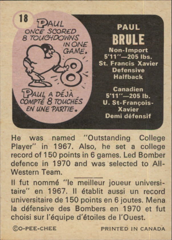 1971 O-Pee-Chee CFL #18 Paul Brule back image