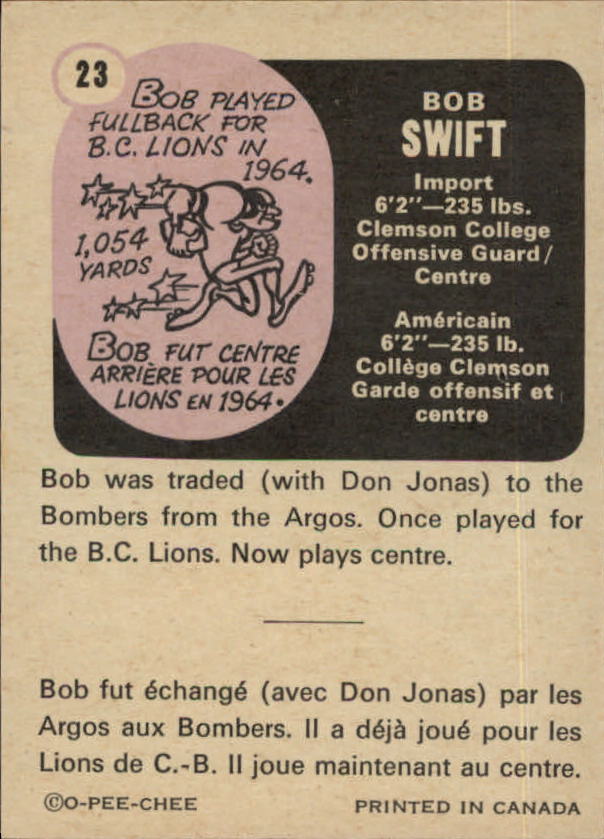1971 O-Pee-Chee CFL #23 Bob Swift back image