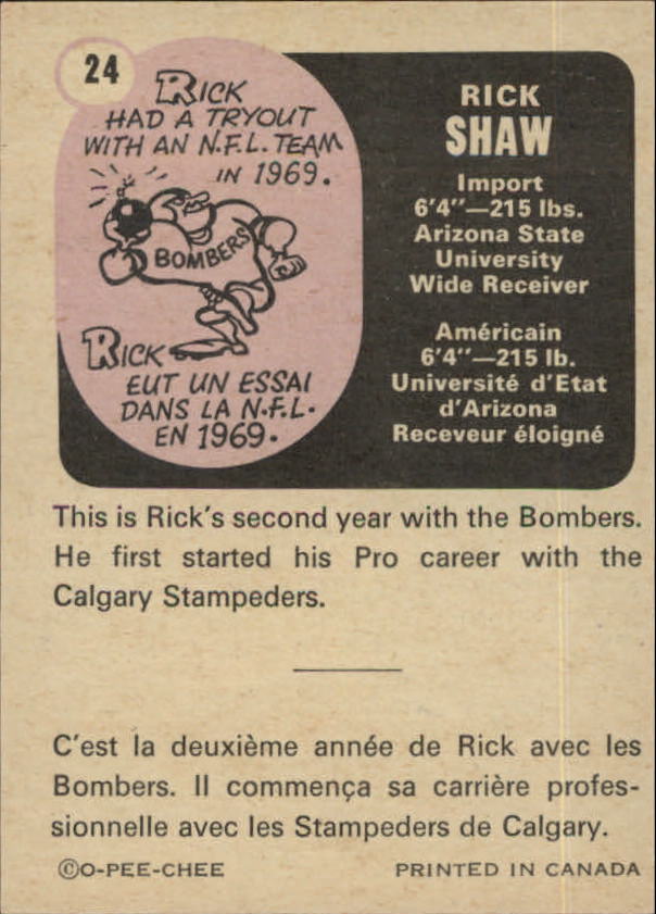 1971 O-Pee-Chee CFL #24 Rick Shaw back image