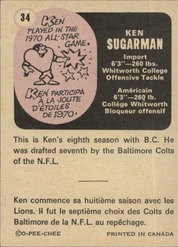 1971 O-Pee-Chee CFL #34 Ken Sugarman back image