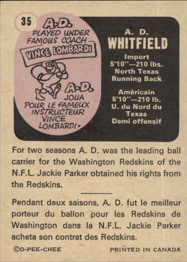 1971 O-Pee-Chee CFL #35 A.D. Whitfield back image