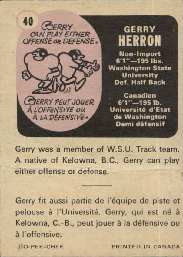 1971 O-Pee-Chee CFL #40 Gerry Herron back image
