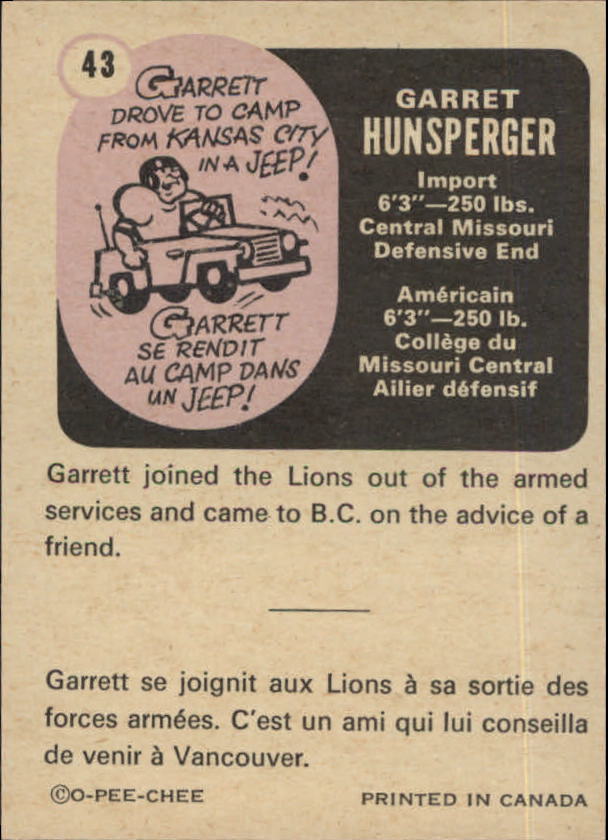 1971 O-Pee-Chee CFL #43 Garrett Hunsperger back image