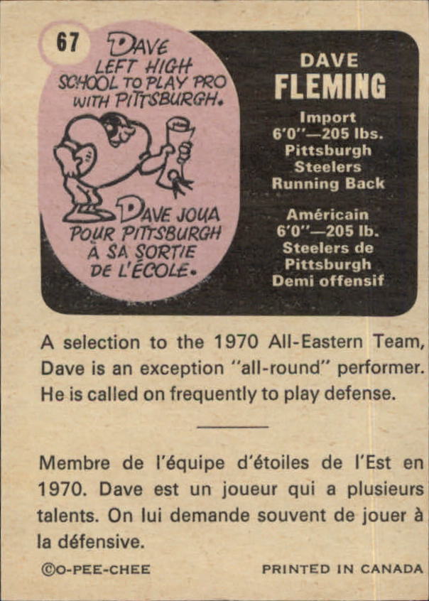 1971 O-Pee-Chee CFL #67 Dave Fleming back image