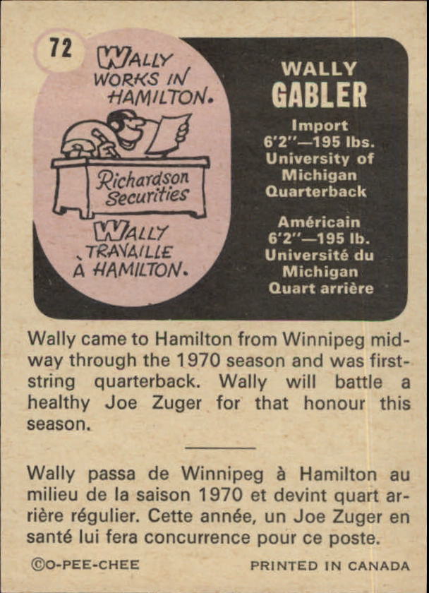 1971 O-Pee-Chee CFL #72 Wally Gabler back image