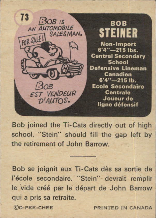 1971 O-Pee-Chee CFL #73 Bob Steiner back image