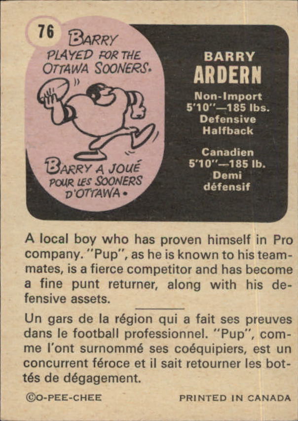1971 O-Pee-Chee CFL #76 Barry Ardern back image