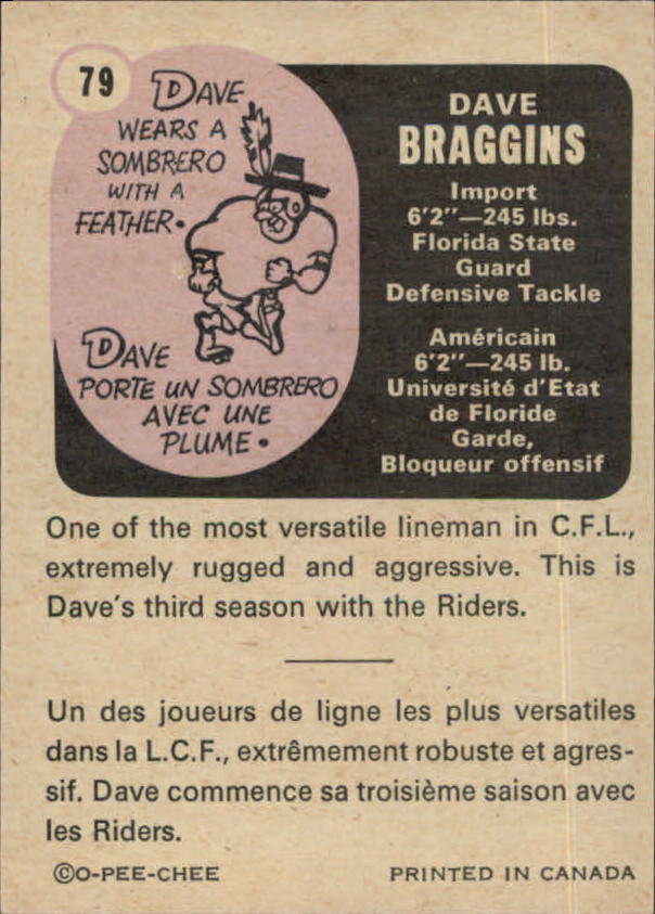 1971 O-Pee-Chee CFL #79 Dave Braggins back image
