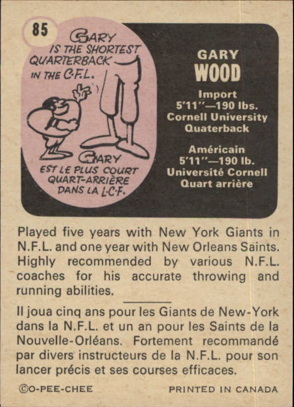 1971 O-Pee-Chee CFL #85 Gary Wood back image