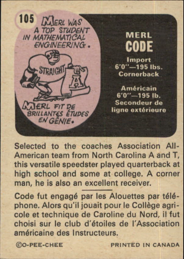 1971 O-Pee-Chee CFL #105 Merl Code back image