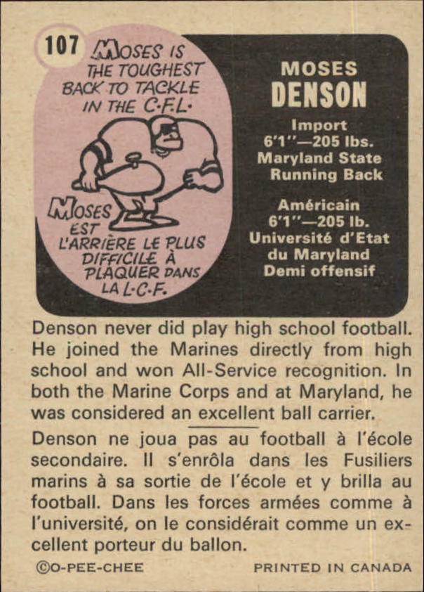 1971 O-Pee-Chee CFL #107 Moses Denson back image