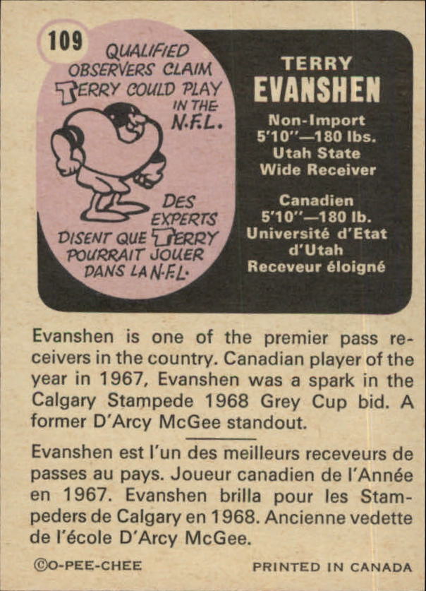 1971 O-Pee-Chee CFL #109 Terry Evanshen back image