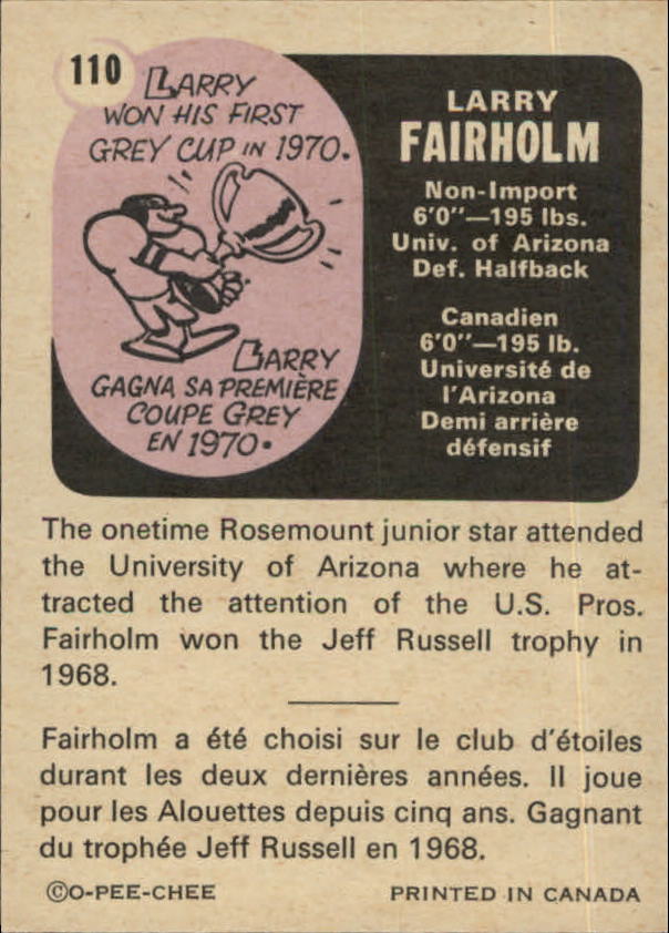 1971 O-Pee-Chee CFL #110 Larry Fairholm back image