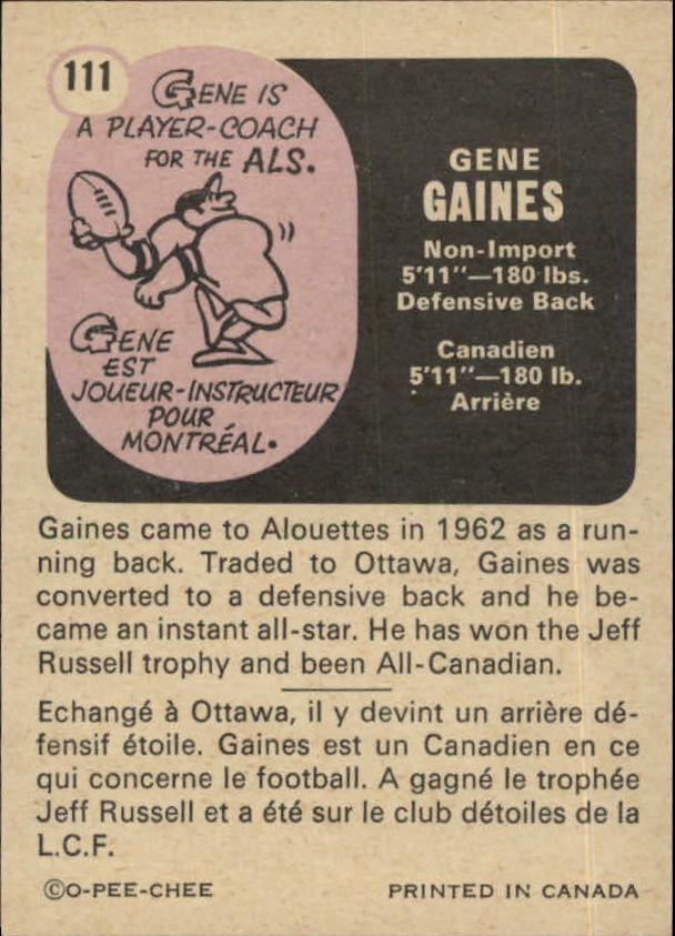 1971 O-Pee-Chee CFL #111 Gene Gaines back image