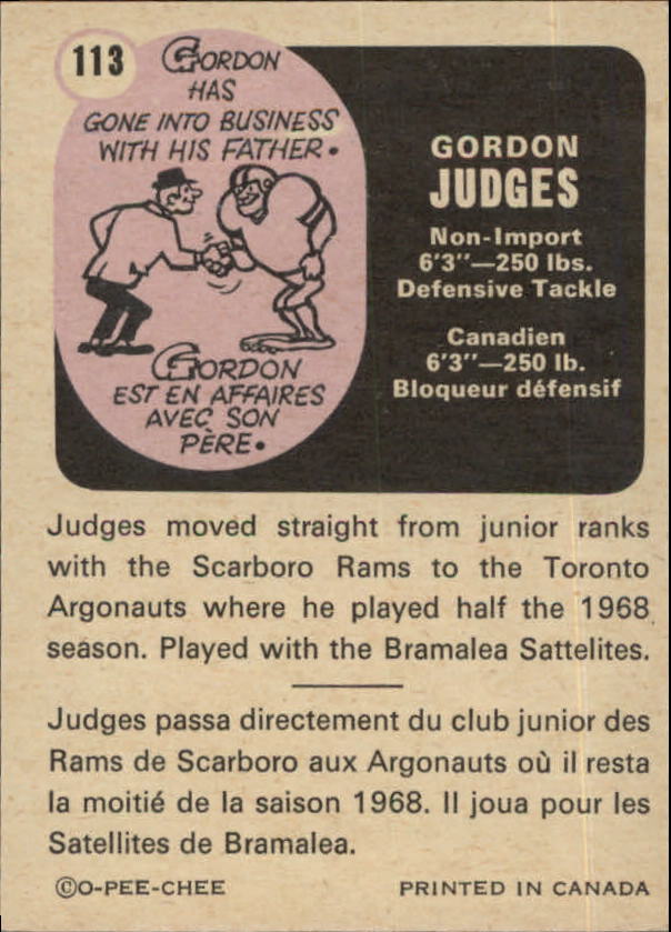 1971 O-Pee-Chee CFL #113 Gordon Judges back image
