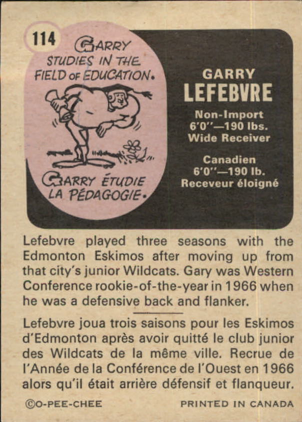 1971 O-Pee-Chee CFL #114 Garry Lefebvre back image