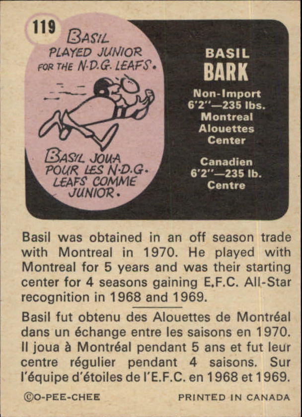 1971 O-Pee-Chee CFL #119 Basil Bark back image