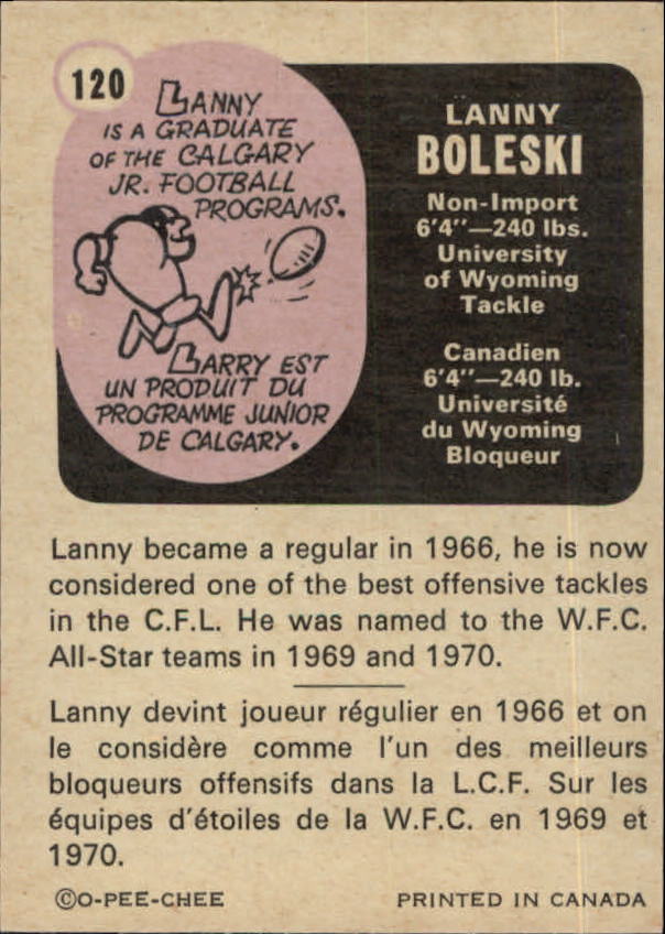 1971 O-Pee-Chee CFL #120 Lanny Boleski back image