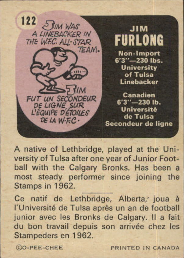 1971 O-Pee-Chee CFL #122 Jim Furlong back image