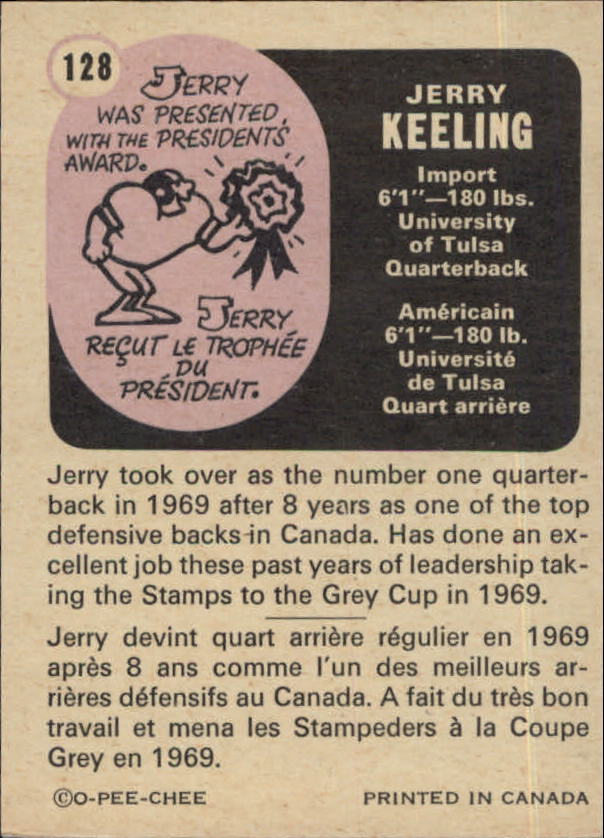 1971 O-Pee-Chee CFL #128 Jerry Keeling back image