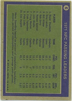 1972 Topps #4 NFC Passing Leaders/Roger Staubach/Greg Landry/Bill Kilmer back image