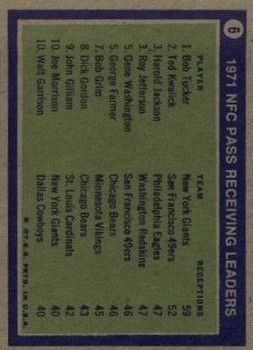 1972 Topps #6 NFC Receiving Leaders/Bob Tucker/Ted Kwalick/Harold Jackson/Roy Jefferson back image