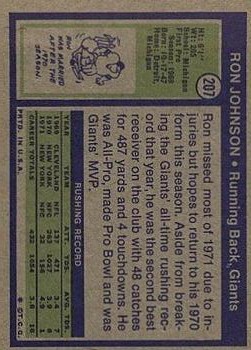 1972 Topps #207 Ron Johnson back image