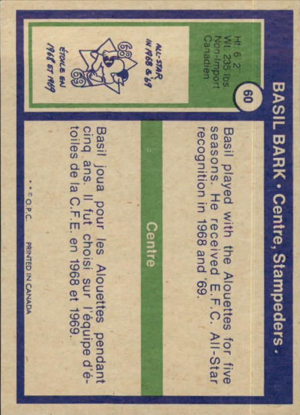1972 O-Pee-Chee CFL #60 Basil Bark back image