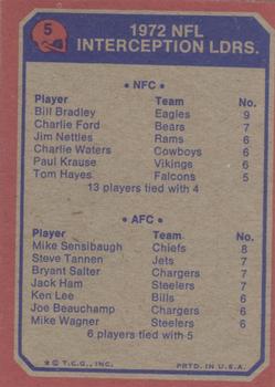 1973 Topps #5 Interception Leaders/Bill Bradley/Mike Sensibaugh back image