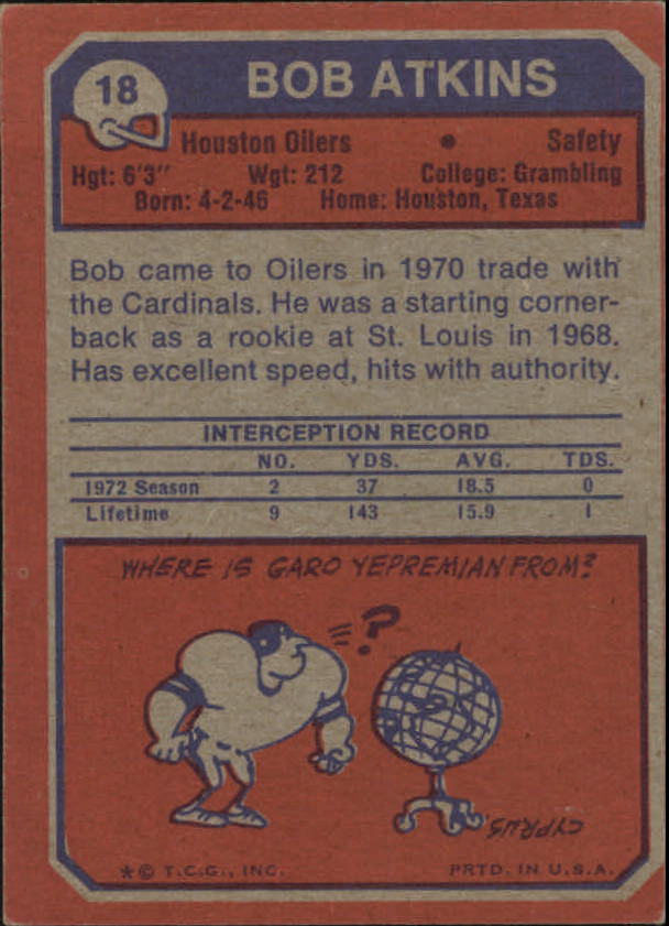 1973 Topps #18 Bob Atkins RC back image