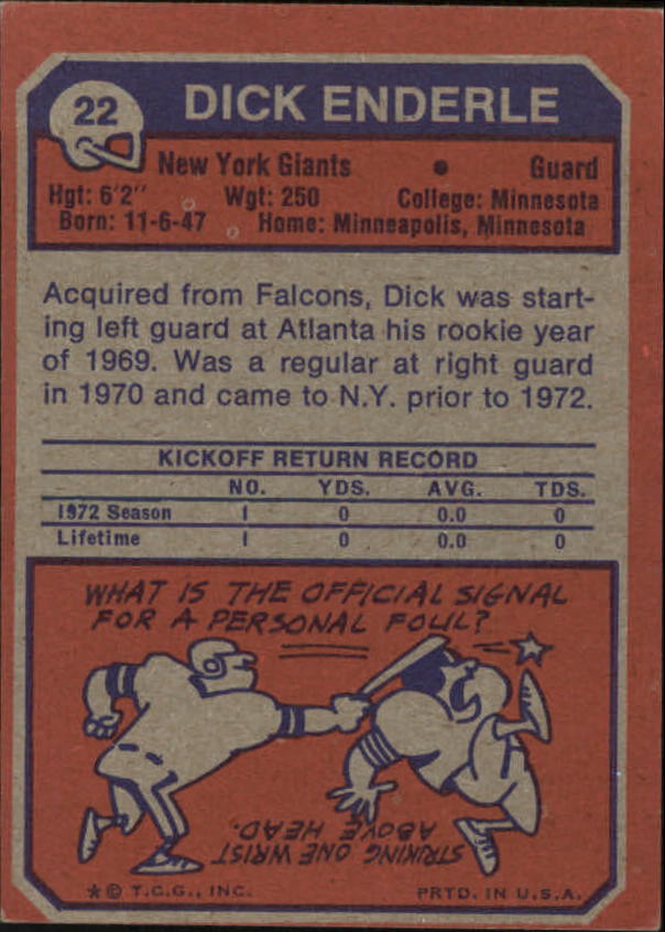 1973 Topps #22 Dick Enderle RC back image