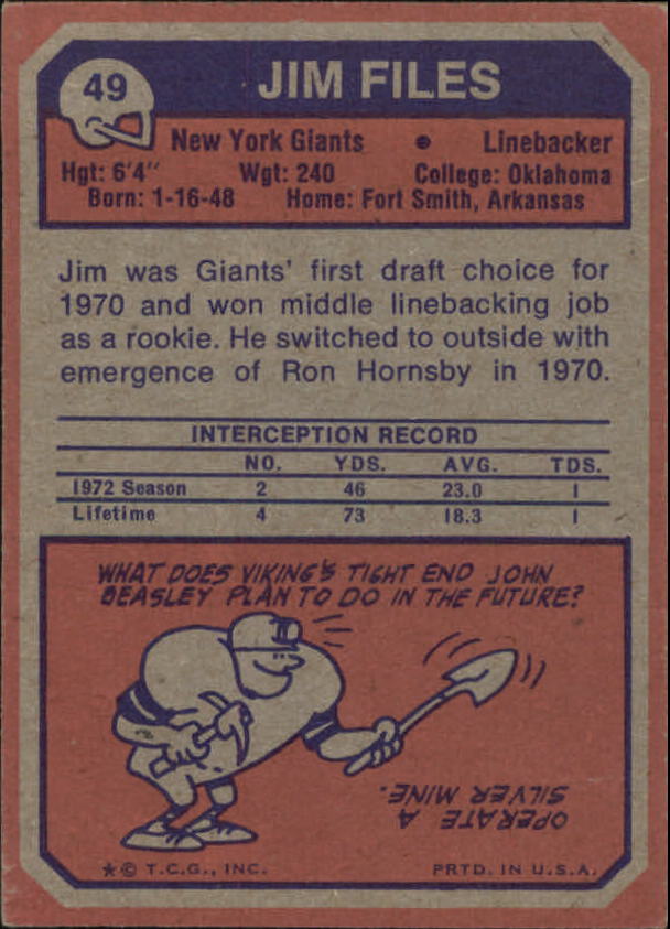 1973 Topps #49 Jim Files RC back image