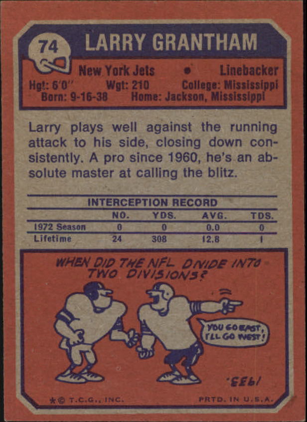 1973 Topps #74 Larry Grantham back image