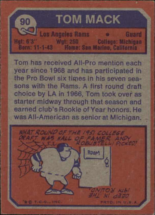 1973 Topps #90 Tom Mack back image