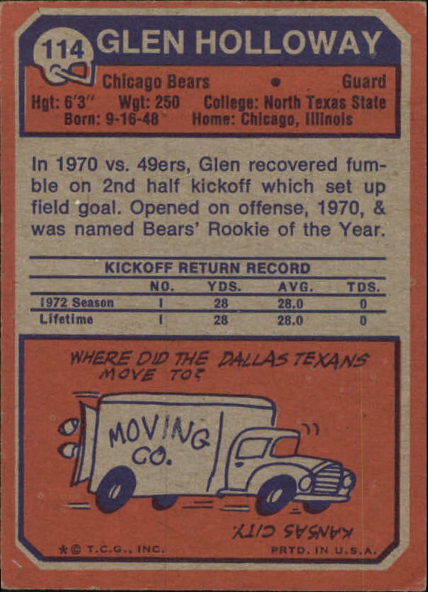 1973 Topps #114 Glen Holloway RC back image