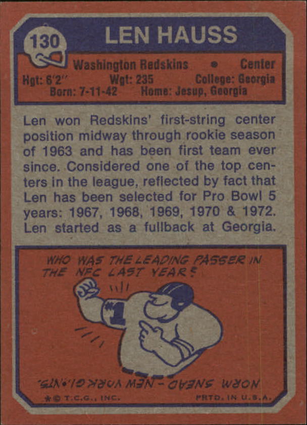 1973 Topps #130 Len Hauss back image