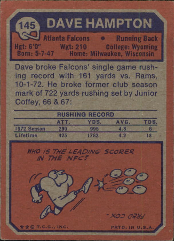 1973 Topps #145 Dave Hampton RC back image