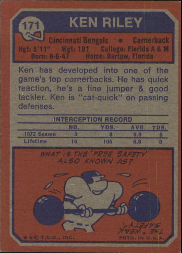 1973 Topps #171 Ken Riley RC back image