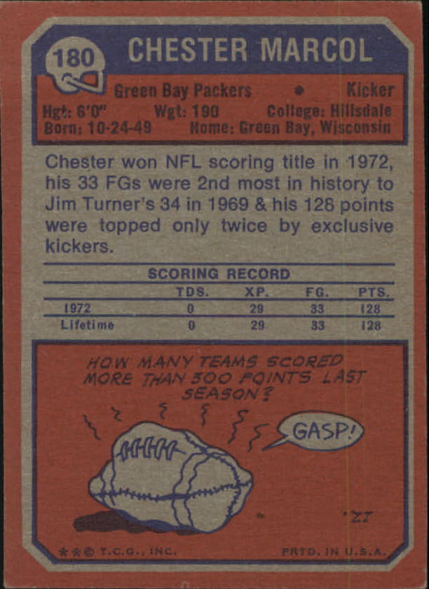 1973 Topps #180 Chester Marcol RC back image