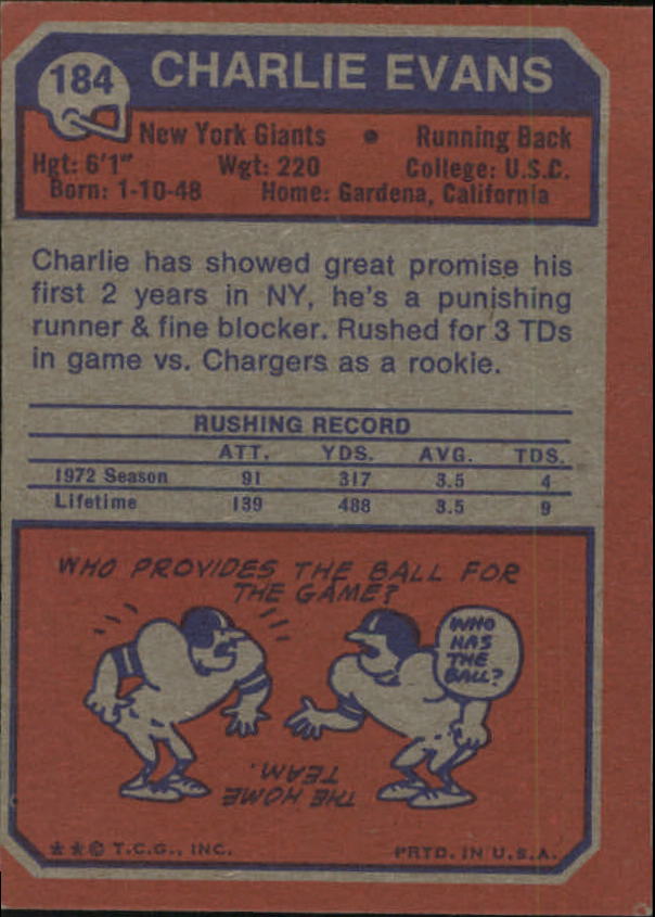 1973 Topps #184 Charlie Evans RC back image