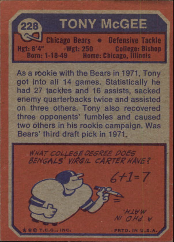 1973 Topps #228 Tony McGee DT RC back image