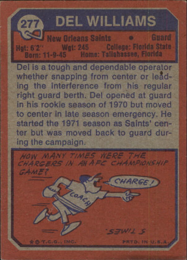1973 Topps #277 Del Williams RC back image