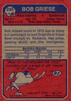 1973 Topps #295 Bob Griese back image