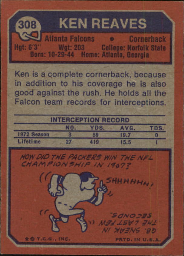 1973 Topps #308 Ken Reaves back image