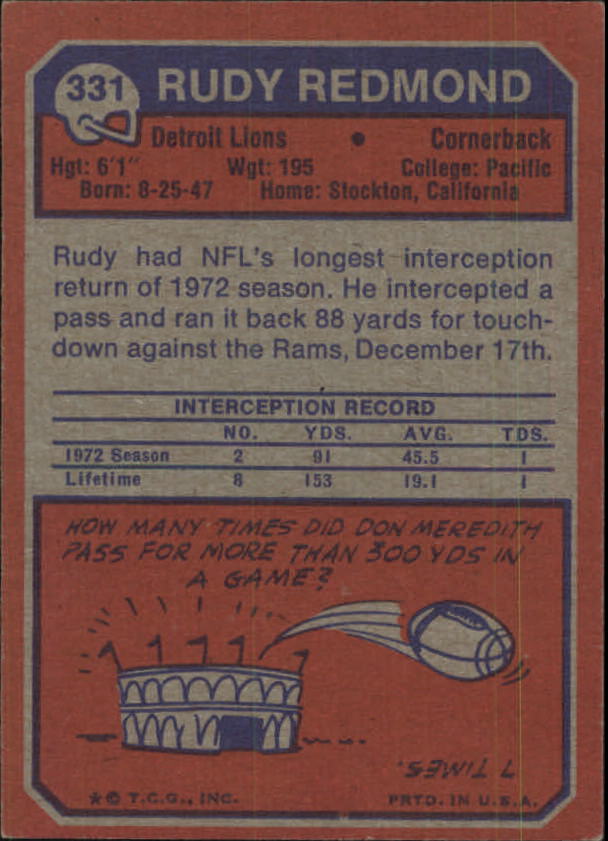 1973 Topps #331 Rudy Redmond RC back image