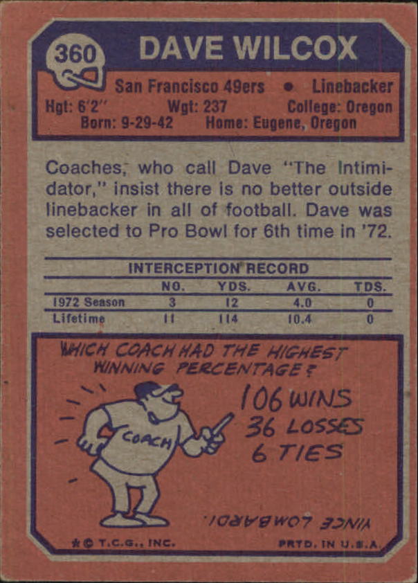 1973 Topps #360 Dave Wilcox back image