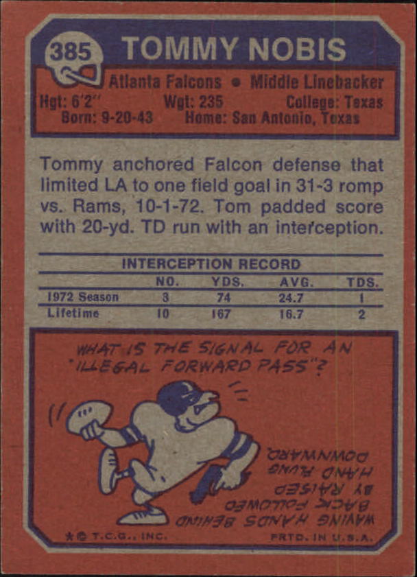 1973 Topps #385 Tommy Nobis back image